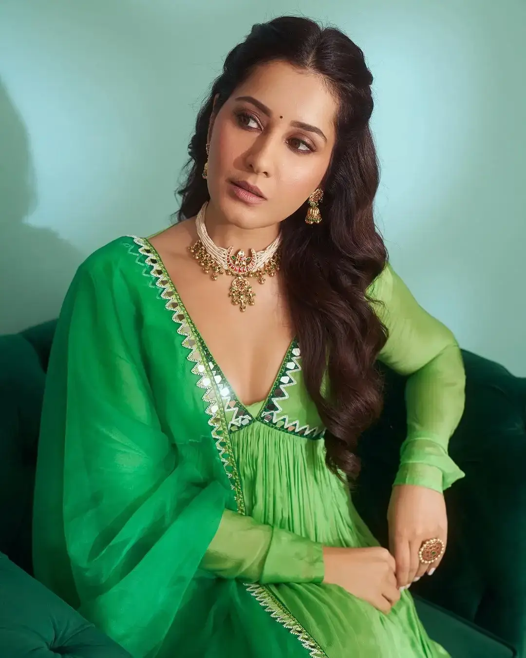 Indian Actress Raashi Khanna in Embroidered Green Dress